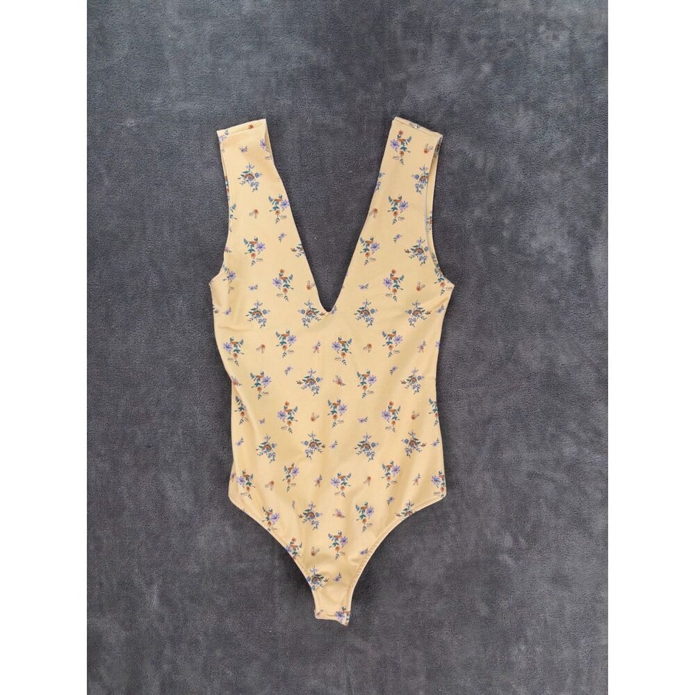 Intimately Free People Keep It Sleek Bodysuit Yellow Floral V Neck XS Boho